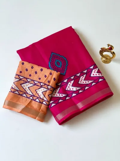 Mul Cotton Saree - Rani Pink with Peach Orange Contrast